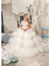 Beaded Ivory Lace Tulle Ruffled Stunning Flower Girl Dress